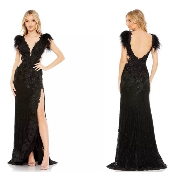 NWT Mac Duggal Feather Trim Floral Cutout Lace Gown #67782 Sz 10 $698 - Picture 1 of 17